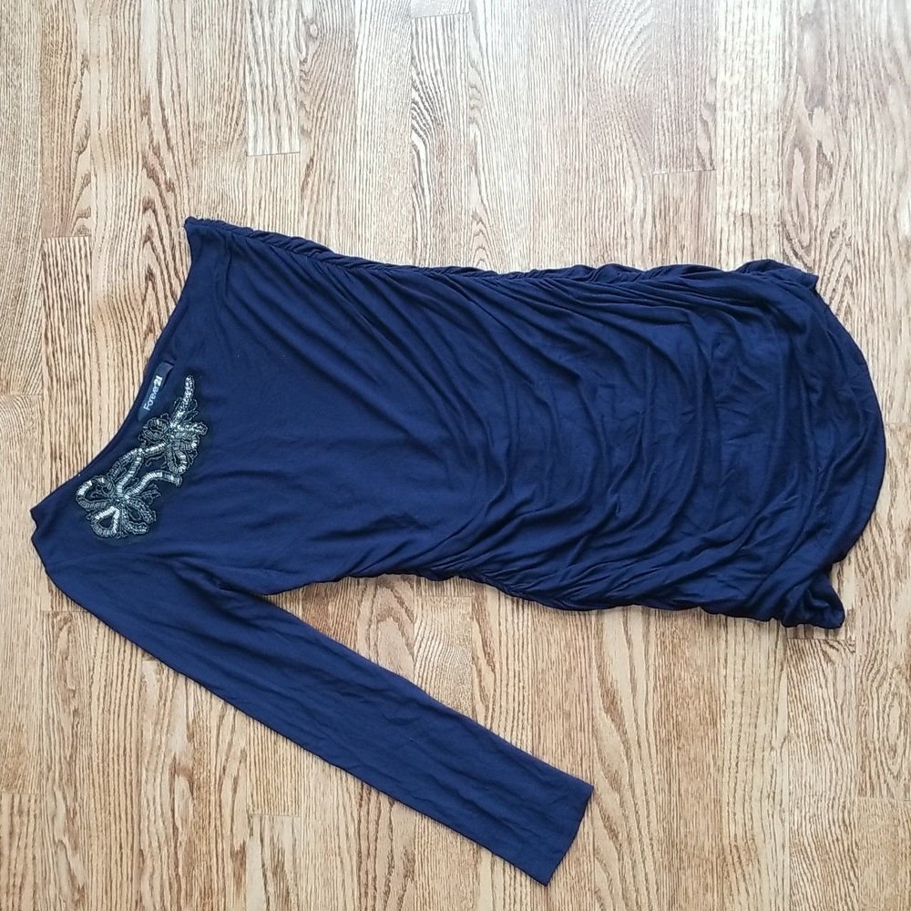 (M) Forever 21 Navy Blue Beaded Accent On Shoulder Ruched Dress 100% Rayon Shell